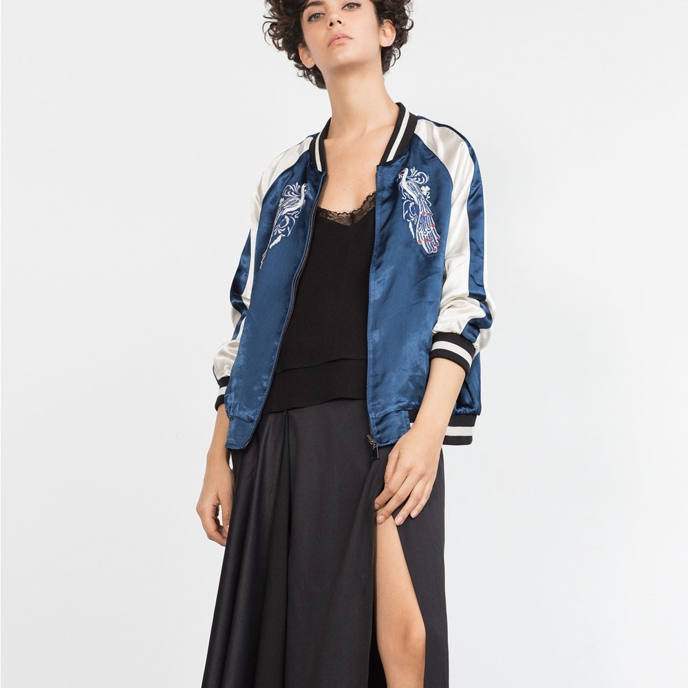 Zara Studio Embroidered Reversible Satin Bomber Jacket